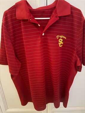 Nike Red Striped Trojans Polo with Yellow Embroidered Logo. Size is faded